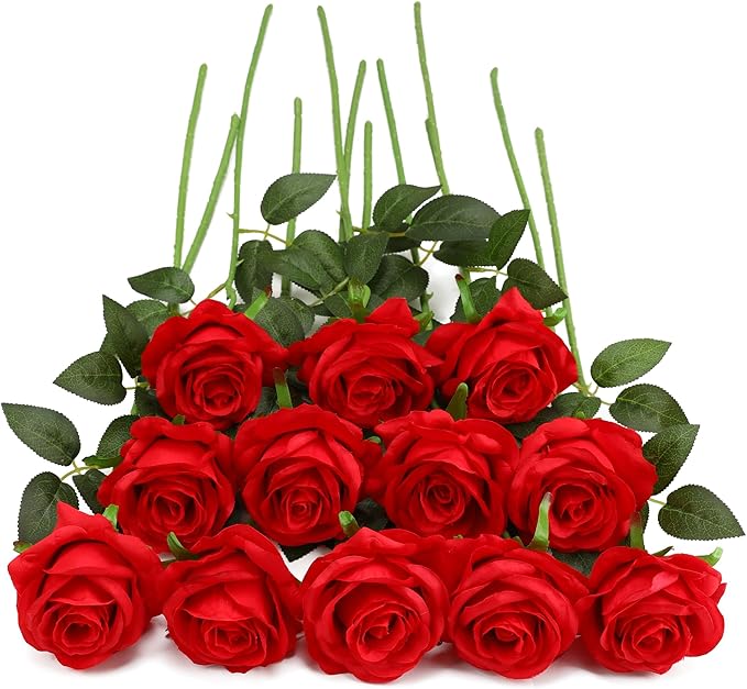 Red Fake Roses Artificial Flowers - 10 Pcs Fake Artificial Roses Silk Flowers with Stems for Home Wedding Hotel Office Centerpiece Decor-Ruum Studio Home