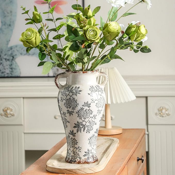 Enra Vintage vase with Handle,12.6 inch Blue and White Ceramic Decorative Flower vase, Chinoiserie Floral Vase,Large Rustic Vases for Home Decors, Living Room, Bookshelf, Office-Ruum Studio Home