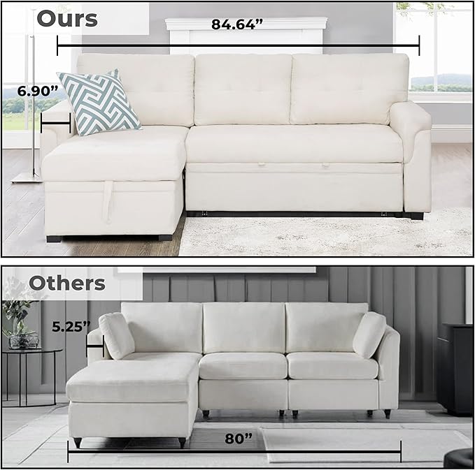 Naomi Home L-Shaped Reversible Sectional Sofa with Pull-Out Sleeper Bed and Storage Chaise, Cream Velvet-Ruum Studio Home