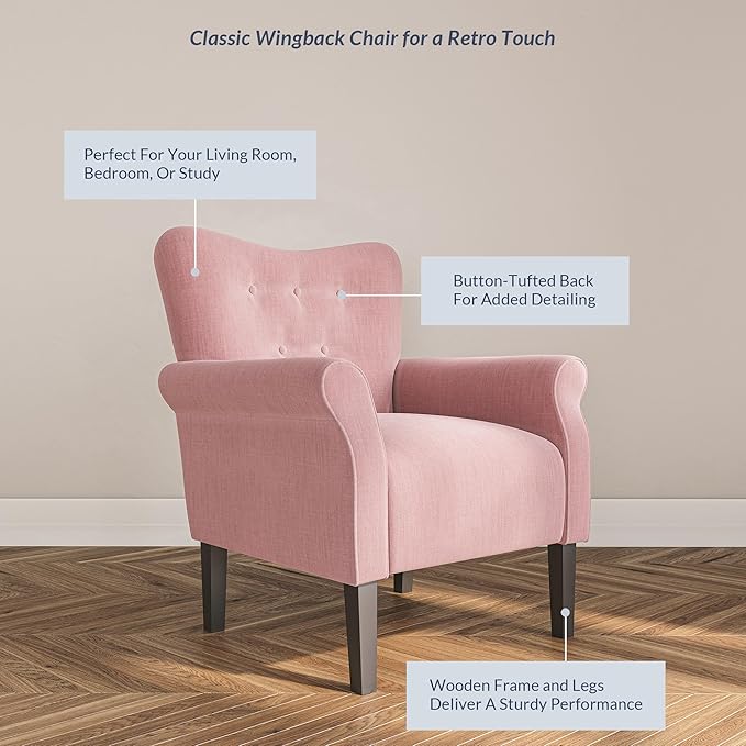 BELLEZE Modern Accent Chair for Living Room, High Back Armchair with Wooden Legs, Upholstered Wingback Side Chair Padded Armrest Single Sofa Club Chair for Living Room, Bedroom - Allston (Pink)-Ruum Studio Home
