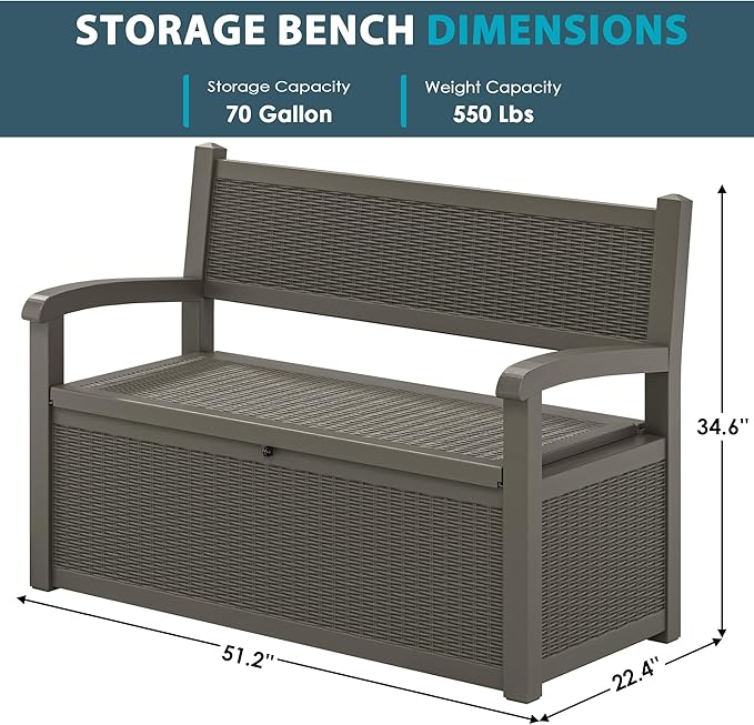 70 Gallon Storage Bench Deck Box for Patio Furniture with Armrest Bench Outdoor Storage-Ruum Studio Home