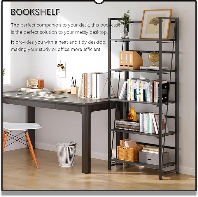 4NM No Assembly Foldable Bookshelf, 5-Shelf Collapsible Bookcase Storage for Small Spaces, 62.2" H, All Black-Ruum Studio Home