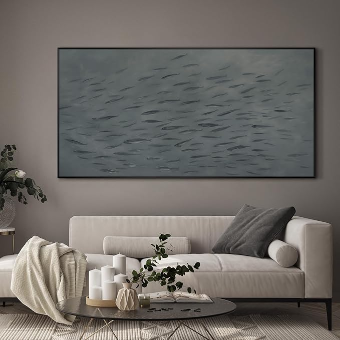 SIGNWIN 24"x46" Extra Large Framed Wall Art Gray School of Fish Minimalist Ocean-Inspired Marine Life Illustration for Home Living Room Bedroom Decor (Frame Assembly Required)-Ruum Studio Home