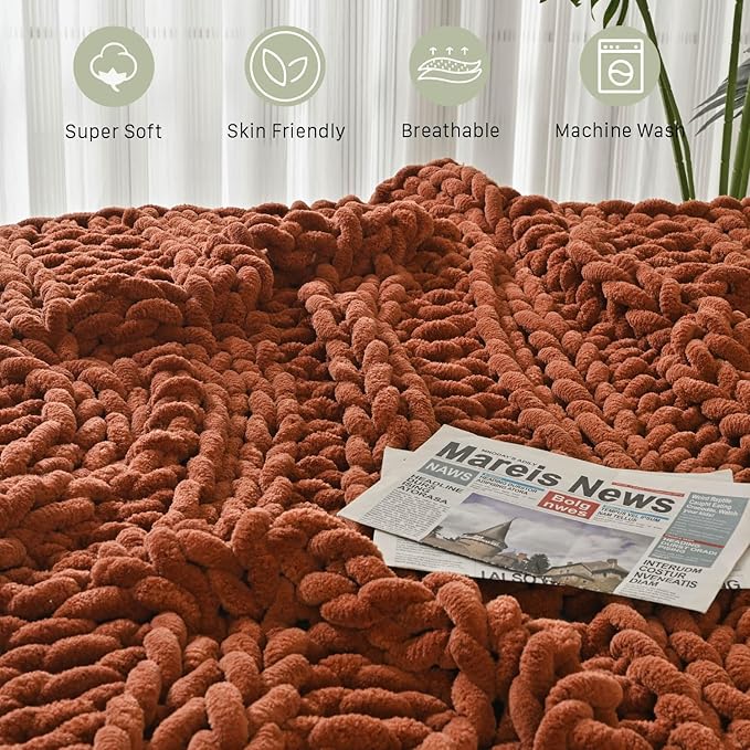 Esterra Chunky Knit Blanket Throw, 100% Handmade Chenille Throw Blanket 50"x60", Soft Thick Yarn Cable Knit Crochet Throw Blanket Rope Knot Throw for Couch Bed Sofa, Copper Brown-Ruum Studio Home