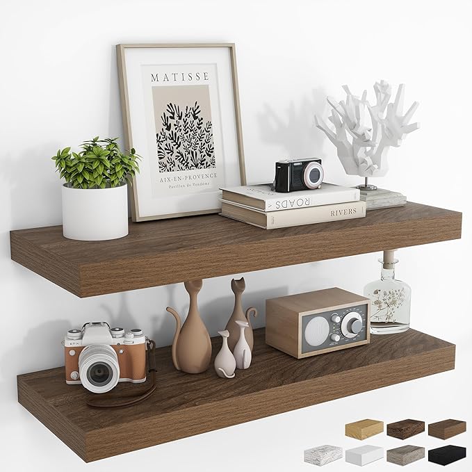 RICHFOCUS 36Inch Floating Shelves for Wall 2 Pack Shelves for Bedroom|Kitchen|Bathroom Wall Mounted Rustic Wood Floating Shelf with Invisible Brackets for Books|Storage|Decor, Walnut-Ruum Studio Home