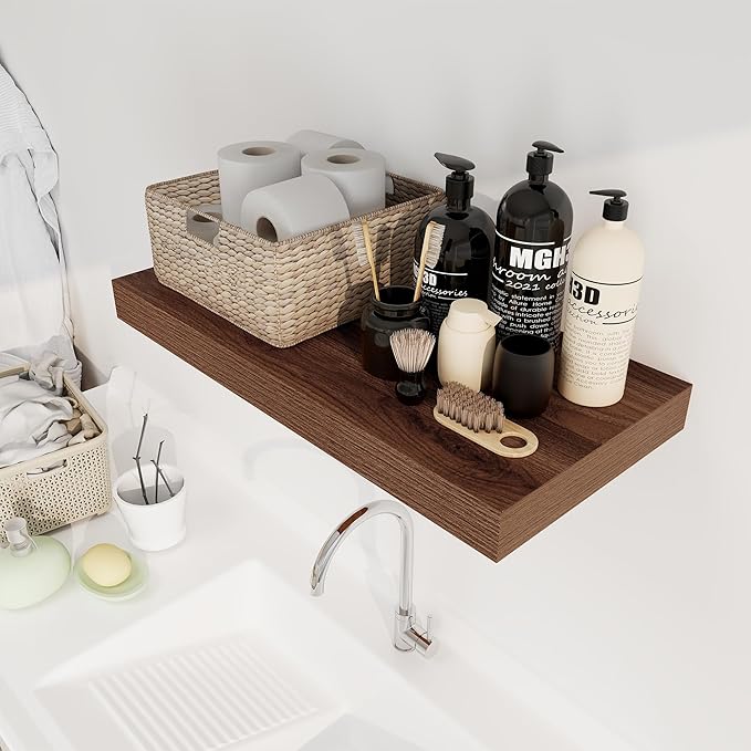 12 Inch Deep Floating Shelves, 24 x 12 Floating Shelf for Books, Rustic Wood Deep Wall Shelves for Home Storage & Display, 2" Thicked Shelves for Kitchen, Living Room, Bedroom, Walnut Color, 2 Pack-Ruum Studio Home