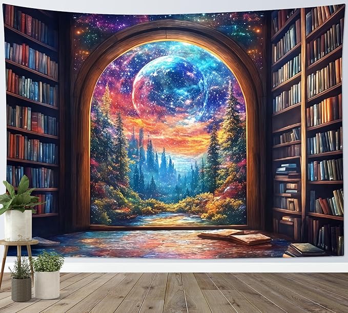 LB Fantasy Bookshelf Moon Tapestry, Trippy Tree and Vintage Library in Forest Wall Tapestry for Bedroom, Galaxy Cool Wall Art for Living Room Dorm Classroom Home Decor Ready to Hanging, 48 x 36 Inches-Ruum Studio Home