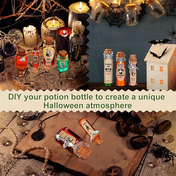 Newtay 53 Pcs Halloween Mini Potion Bottles Set Including 12 Decorative Glass Bottles with Cork Stoppers 20 Creepy Apothecary Bottle Labels Stickers 20 Charms Pendants 1 String (5/6/7/12 ML,Stylish)-Ruum Studio Home