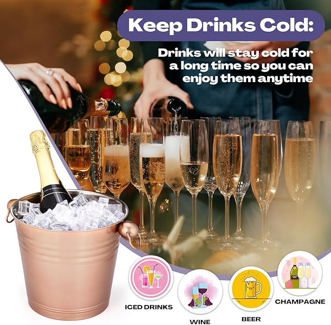 Amyhill 8 Pack Stainless Steel Ice Bucket 5.3 Quart/ 5 Liter with Handle Large Insulated Champagne Buckets Beer Bucket for Cocktail Bar Wine Parties Chilling Wine Champagne Home (Rose Gold)-Ruum Studio Home