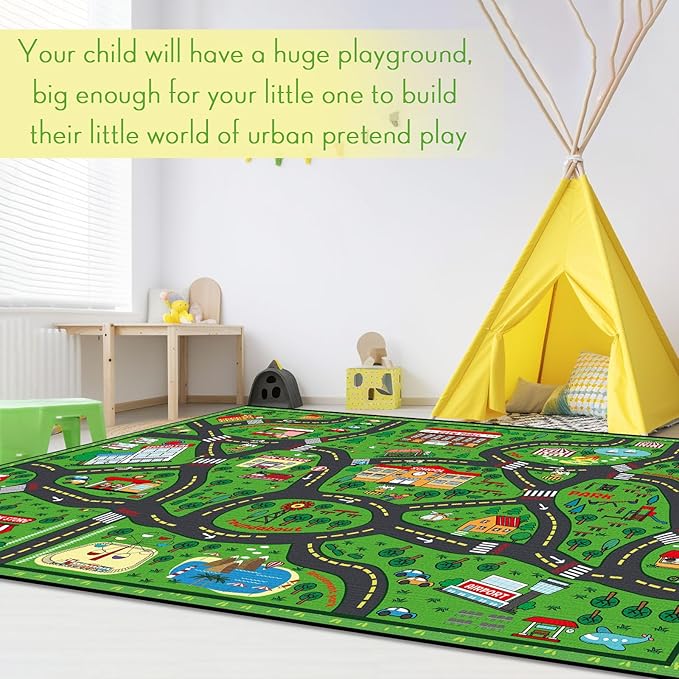 Kids Carpet Playmat Rug 4 x 6 ft Player Car Rug, City Life Traffic Road Map Mat Educational Game Area Mat for Toddler Children Playroom Classroom Bedroom(Green)-Ruum Studio Home