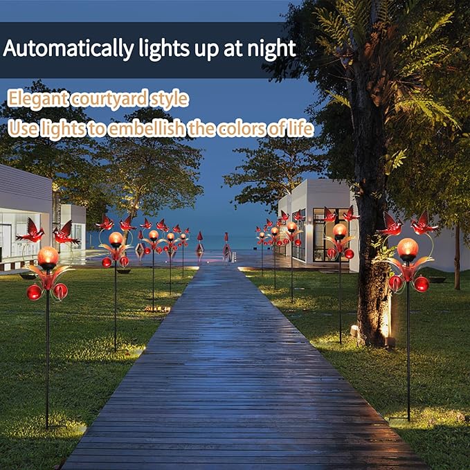 VCUTEKA Cardinal Solar Lights Outdoor Metal Garden Stake Waterproof Crackle Glass Globe Garden Decor Cardinal for Pathway, Lawn, Patio, Yard-Ruum Studio Home