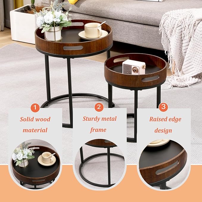 Nesting Coffee Table Set of 2, Small Round Stacking Side Table Set with Metal Frame, Nesting Tables for Living Room Bedroom Office Balcony (Wood, 2)-Ruum Studio Home