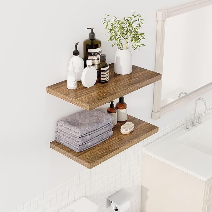 24" Floating Shelves for Wall, 12" Deep Slim Walnut Floating Shelves, Wall-Mounted Shelves for Bedroom, Living Room, Kitchen, Bathroom - Set of 2-Ruum Studio Home