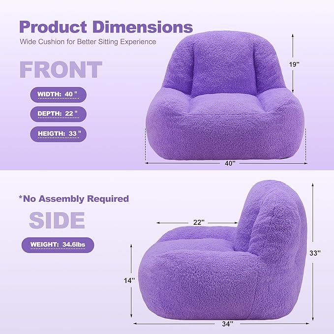 Homguava Bean Bag Chairs for Adults,Giant Beanbag Couch Adult Bean Bag Chair with Filler Included,Modern Lazy Sofa Comfy Chair for Living Room(Purple)-Ruum Studio Home