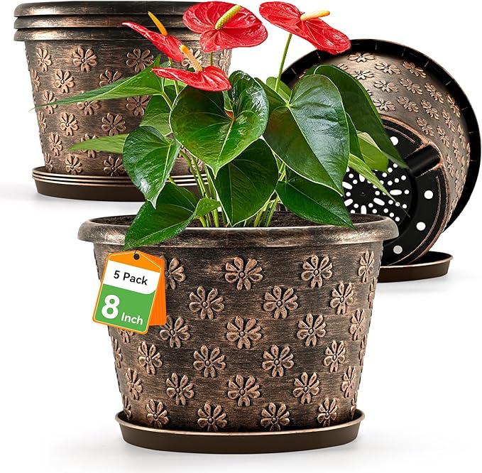 8 Inch Planter Pots for Plants, Plastic Flower Pots Indoor Outdoor, 5 Pack Resin Plant Pot with Drainage & Saucer, Retro Decorative Garden Pot with Removable Trays for House-Ruum Studio Home