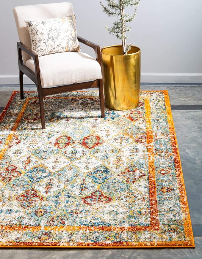 Unique Loom Rosso Collection Vintage, Traditional, Bohemian, Geometric, Distressed, Southwestern Area Rug, 8' 0" x 10' 0", Beige/Orange-Ruum Studio Home