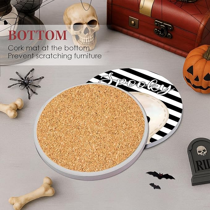 Coaster for Drinks Set of 6, Halloween Hey Boo Cute Ghost Spooky Black White Absorbent Round Ceramic Stone Mat, with Cork Base and Metal Holder, Gift for Housewarming Room Bar Decor-Ruum Studio Home