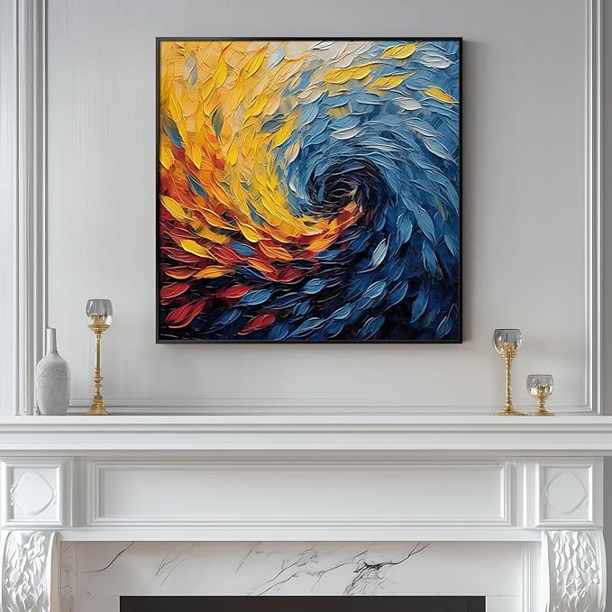 Framed Blue Modern Abstract Wall Art, Minimalist Large Canvas Paintings Artwork for Walls, Blue Yellow Art Prints Pictures for Living Room, Hallway, Bedroom, Office, Bathroom Wall Decor -24x24 Inch-Ruum Studio Home