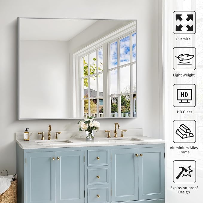 40x48inch Silver Bathroom Mirror, Silver Rectangle Mirror with Frame, Large Rectangular Wall Mirrors for Bathroom, Living Room, Hair Salon, Big Farmhouse Mirror Hang Horizontal/Vertical-Ruum Studio Home