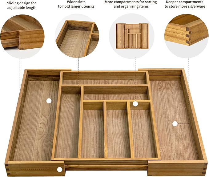VaeFae Teak Drawer Organizer, Large Silverware Organizer, Expandable Utensil Organizer for Kitchen Drawer, Wooden Cutlery Tray Drawer Dividers Organizer-Ruum Studio Home