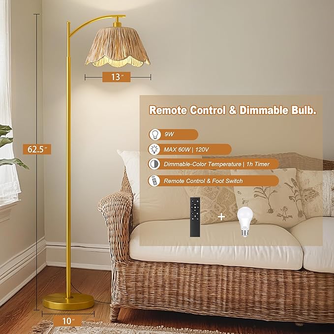 Oneach Boho Floor Lamp with 3 Color Temperatures, Farmhouse Floor Lamps for Living Room with Remote & Dimmable Bulb, Rattan Floor Lamp for Bedroom, Gold-Ruum Studio Home