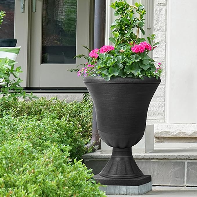 Worth Garden 2-Pack Plastic Urn Planters for Outdoor Plants, 22'' Black Tall Round Classic Resin Traditional Flower Pots - 15 in. Dia. Large Imitation Stone Decorative Pot Patio Deck Front Porch-Ruum Studio Home