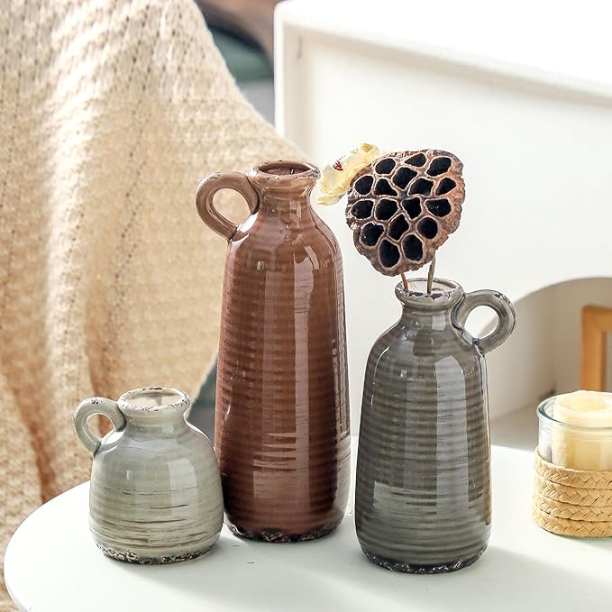Ceramic Vases Set of 3, Neutral Rustic Farmhouse Vase with Handle, Decorative Flower Vases Home Decor Modern Boho Pampass Vase for Table Mantel Entryway Shelf Living Room Kitchen Bathroom - Brown-Ruum Studio Home