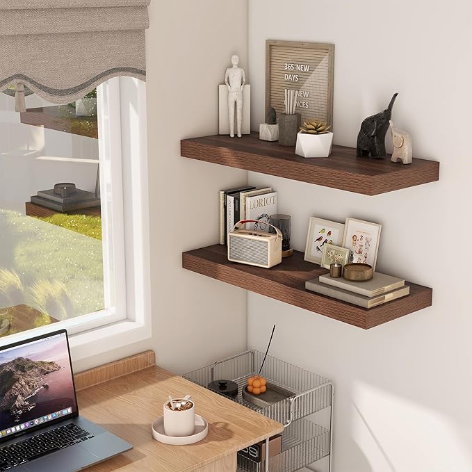 Fun Memories 30 Inch Floating Shelves, 12 Inch Deep Floating Shelf for Wall, Rustic Deep Shelves for Books, Bathroom, Living Room, Kitchen, 30 x 12 x 2 Wood Floating Shelves, Walnut Color, Set of 2-Ruum Studio Home