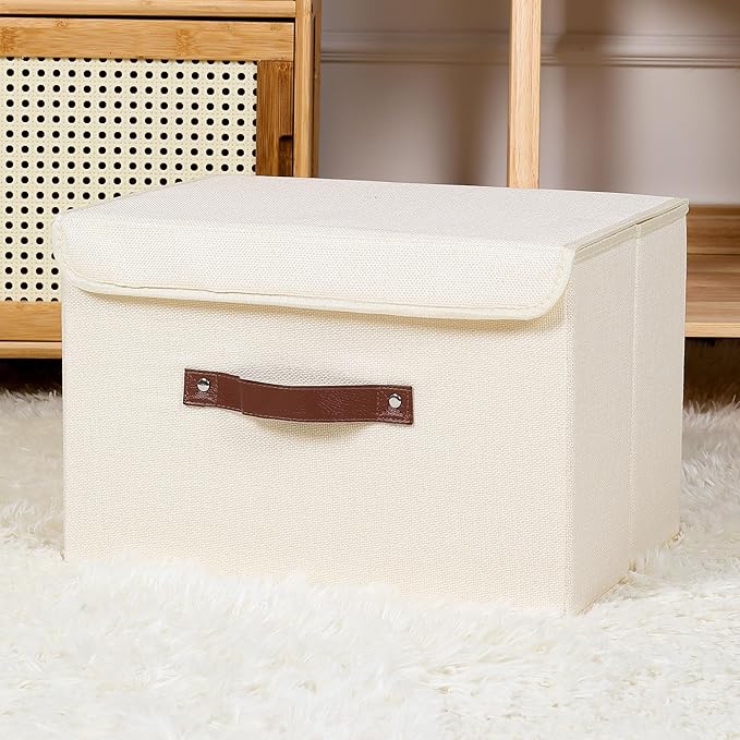 ANMINY 4PCS Storage Bins with Lid PU Leather Handles Storage Boxes PP Plastic Board Decorative Foldable Lidded Cotton Linen Fabric Home Cubes Baskets Closet Organizer Containers - Beige, Large Size-Ruum Studio Home