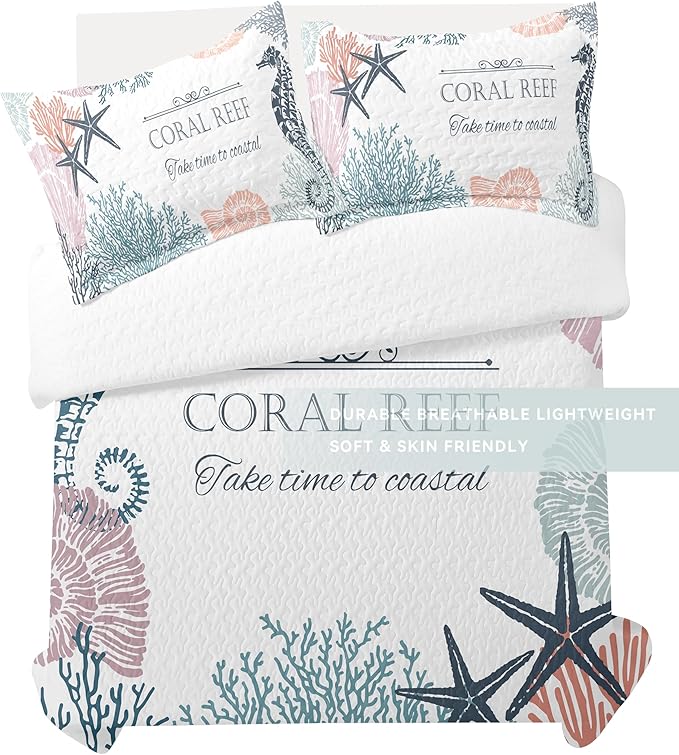 Coastal Bedding Queen Size with 2 Shams, Nautical Beach Comforter Sets Ocean Bedspreads Coastal Coverlet Summer Bedding, 90''x96''-Ruum Studio Home