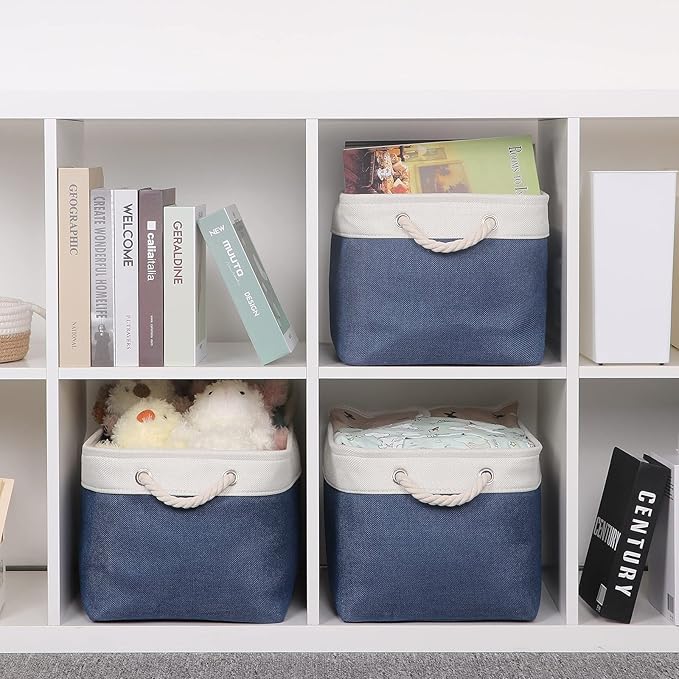Bidtakay Storage Baskets Collapsible [3-Pack] Decorative Storage Bins with Cotton Rope Handles 15 X 11 X 9.5 Inch Organizing Baskets for Shelves Clothes Closet Navy Blue Baskets for Gifts Empty-Ruum Studio Home