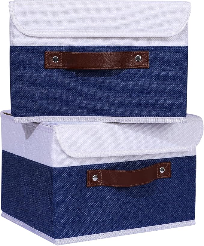 ANMINY 4PCS Storage Boxes with Lid Washable Decorative Storage Bin Basket with PU Leather Handle Foldable Linen Fabric Storage Cube Container for Home Closet Organizer - Deep Blue White, Small Size-Ruum Studio Home
