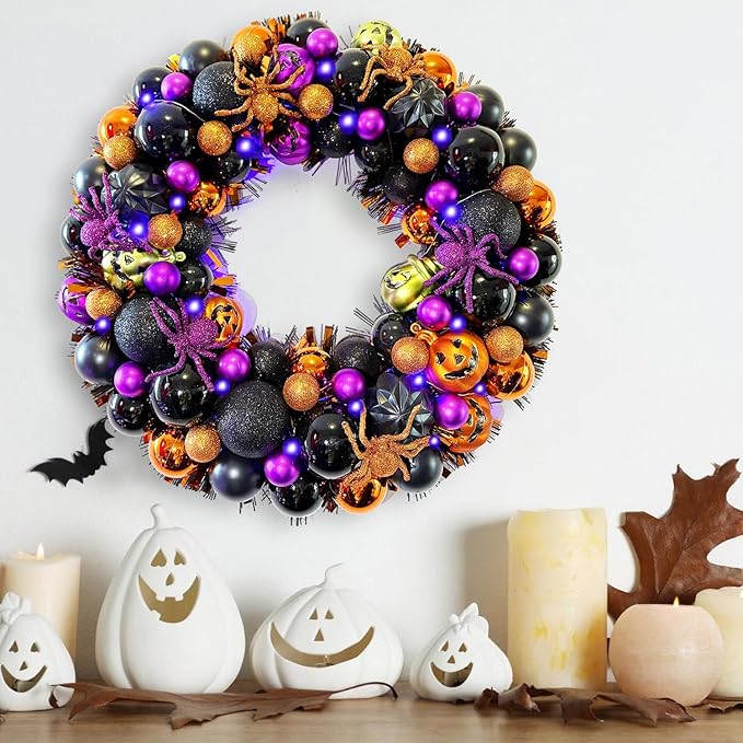 17 Inch Halloween Ball Wreath for Front Door with Lights, Lighted Cute Treat-or-Trick Door Wreath Ball Ornament for Halloween Indoor Decorations Centerpiece Party Holiday Wall Home Decor-Ruum Studio Home