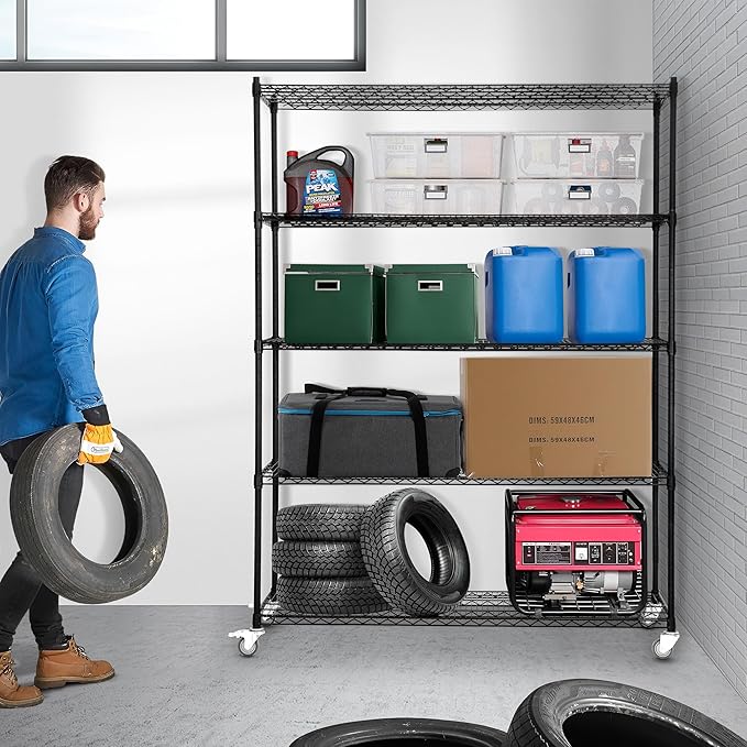 5 Tier Wire Shelf Shelving Unit, 60"x 24"x82" Metal Storage Shelves, Heavy Duty Garage Storage Shelves with Wheels, Chrome 3000LBS Capacity Wire Shelf Rack for Restaurant, Garage, Pantry, Kitchen-Ruum Studio Home