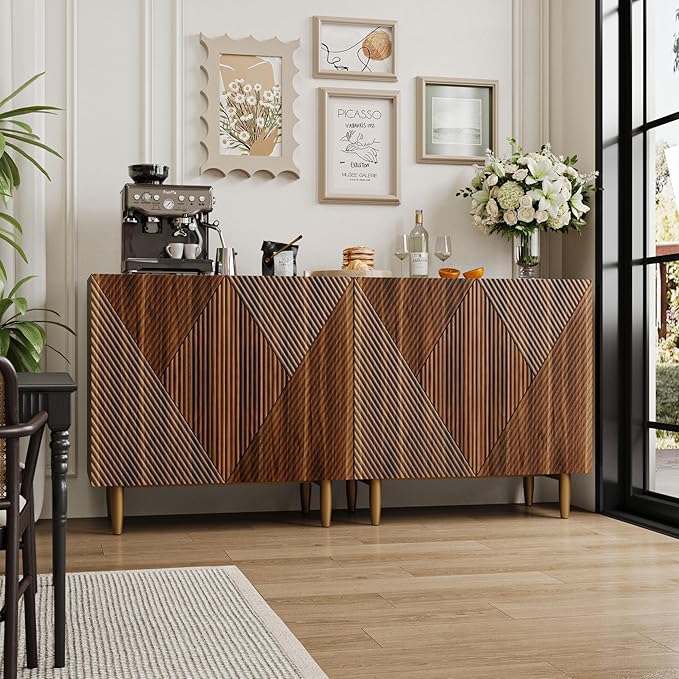 65 Inch Fluted TV Stand, Mid Century Modern Entertainment Center with Storage Cabinets & Adjustable Shelves, Media Console TV Credenza for Living Room, Dining Room, Hallway, Walnut-Ruum Studio Home