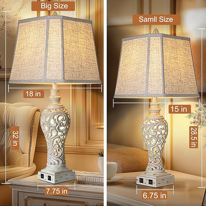 32" Tall Table Lamps Set of 2 - Bedside Lamp with Fabric Shades - for Bedroom and Living Room with USB and Nightlight - Perfect for Nightstands and Bedrooms - Bulbs Included-Ruum Studio Home
