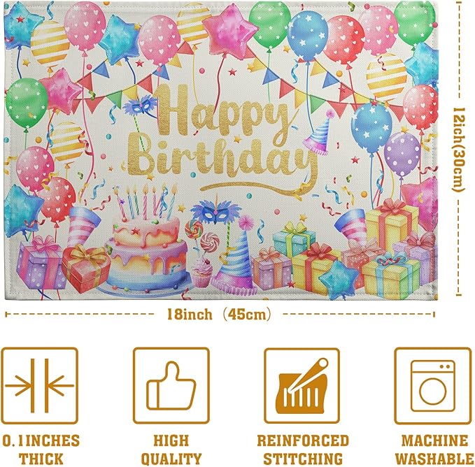 Happy Birthday Placemats Set of 4 Colorful Balloons Confetti Cake Linen Table Mats 12x18 Inch Birthday Party Place Mats for Kitchen Dining Outdoor Indoor Decorations-Ruum Studio Home