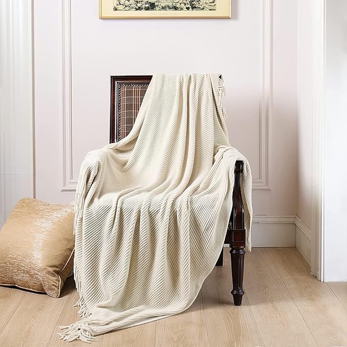 lifein Throw Blanket for Couch, Soft Boho Decor Bed Throw,Cozy White Chenille Knitted Small Farmhouse Lightweight Throw for Spring(White/Cream,60 * 80")-Ruum Studio Home