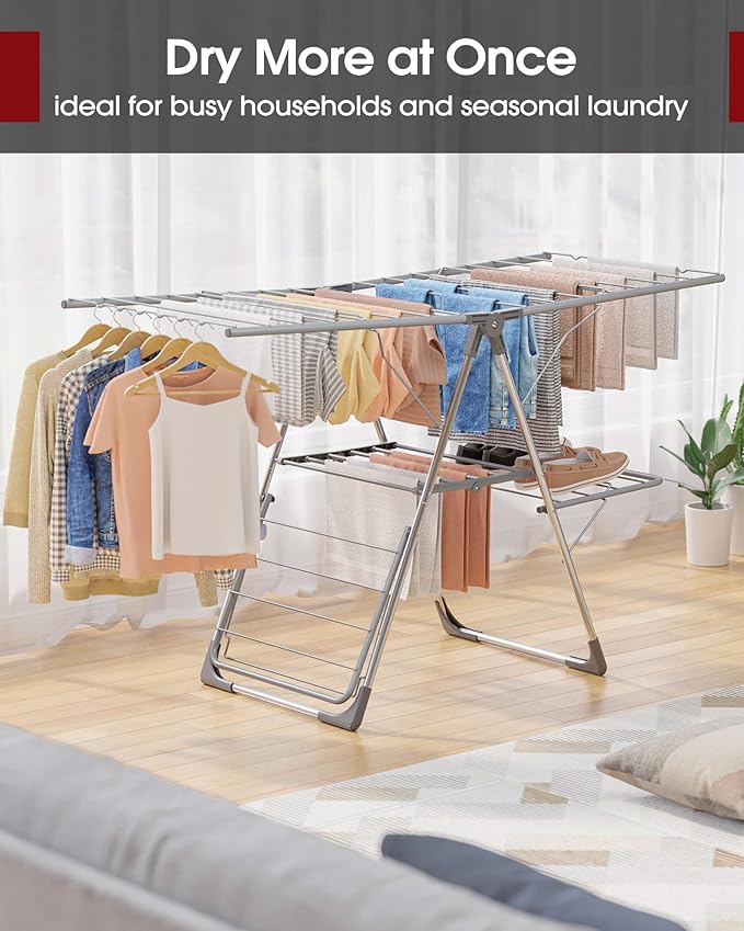 Clothes Drying Rack - Foldable Laundry Drying Rack for Clothing & Bedding, Easy-to-Assemble, Space-Saving Metal Airer with Non-Slip Feet, Indoor & Outdoor Use, 55.5"×22.8"×36.6", Gray-Ruum Studio Home