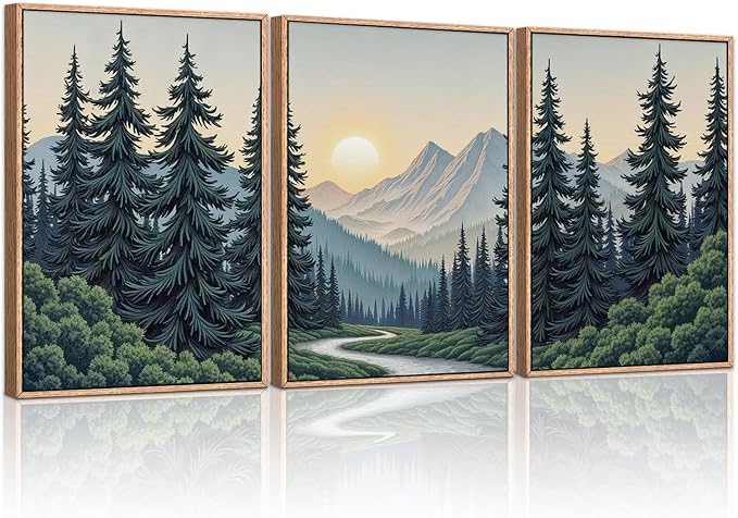 HLNIUC Mountain Forest Sun Framed Wall Art,Large Boho Pine Tree Canvas Wall Decor Set of 3(16”x24”)Ridge Mountain Landscape Picture Prints,Natural Sunset Woodland Wall Painting for Living Room,Bedroom-Ruum Studio Home