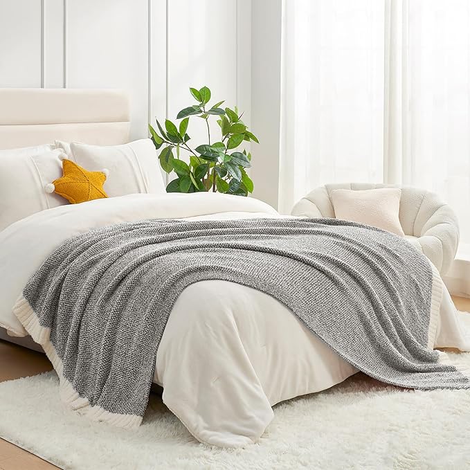 Snuggle Sac Grey Blankets Twin Size for Bed and Sofa, Reversible Super Soft Blankets Warm Cozy Knit Blankets Fuzzy Plush Blanket, Grey, 60x80 inches-Ruum Studio Home