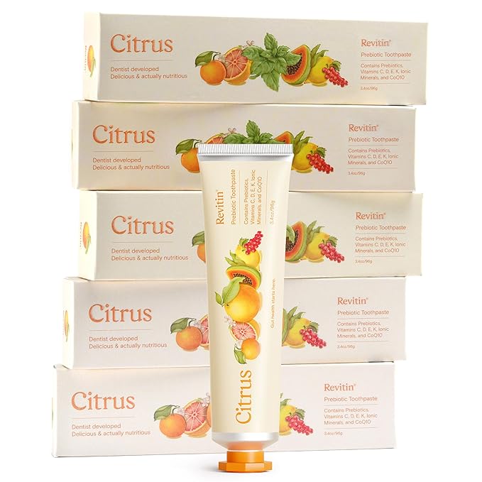 Revitin Toothpaste | Fluoride-Free Prebiotic Citrus Tooth Gel | No SLS, Gluten Free, Dye Free, GMO Free, No Sweeteners | Non-Toxic, Kid Approved, Pack of 5-Ruum Studio Home