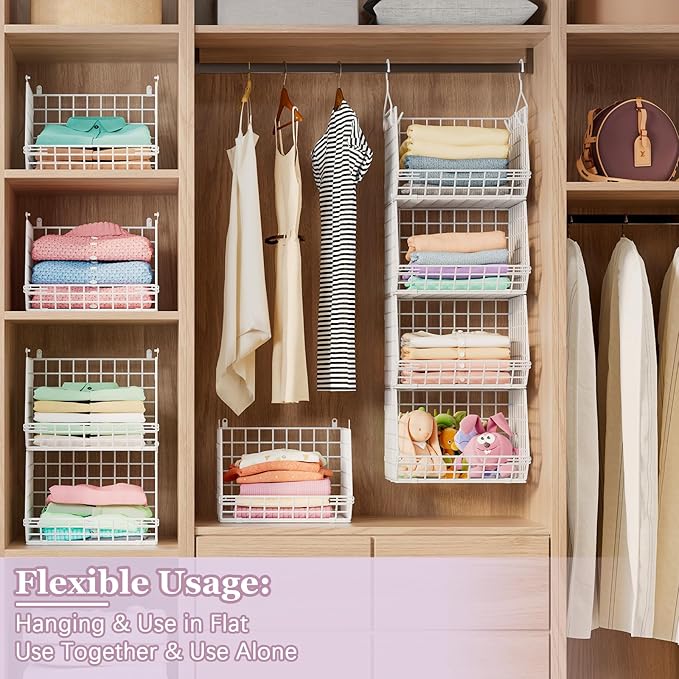 5 Tier Closet Hanging Organizer, Clothes Hanging Shelves with 4 Hanging Hooks 5 S Hooks, Wire Storage Basket Bins, for Clothing Sweaters Shoes Handbags Clutches Accessories Patent Design-White-Ruum Studio Home