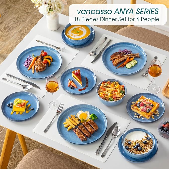 vancasso ANYA 18 Pieces Plates and Bowls Set, Blue Dinnerware Sets, Reactive Glaze Dishes Set for 6, Ceramic Dishware Sets Kitchen Dinner Set, Microwave & Dishwasher Safe-Ruum Studio Home