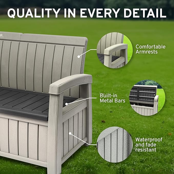 EconoHome 3 Seat Outdoor Storage Bench with Rain Cover - 90 Gallon Capacity - Weatherproof Resin Bench for Patio, Porch, Garden, Yard, Pool Area - Furniture for Pool Accessories, Gardening Tools-Ruum Studio Home