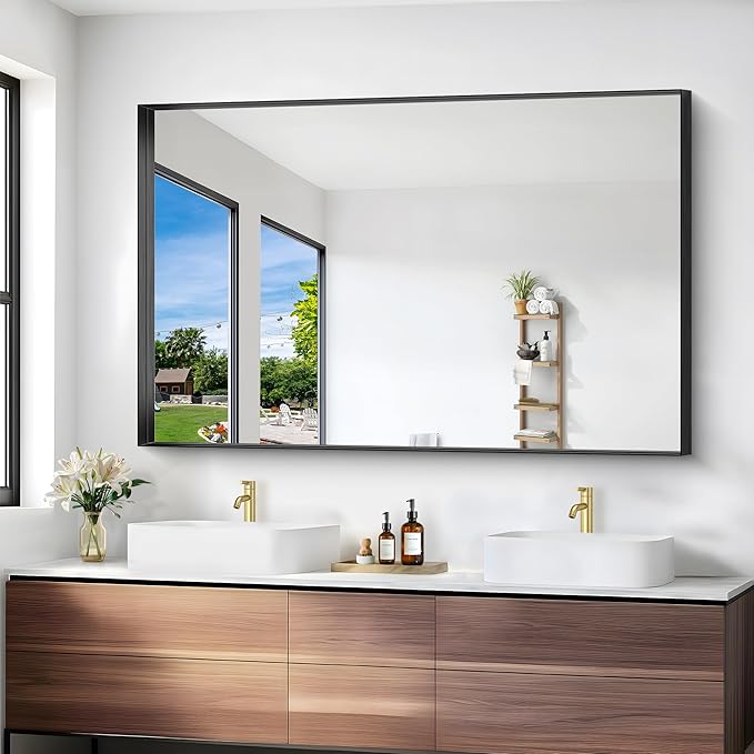 Black Bathroom Mirror, 36x55 Inch Rectangular Deep Frame Mirror, Large Wall Mounted Bathroom Vanity Mirror Over Sink for Bedroom,Restroom, Living Room, Hangs Vertically or Horizontally-Ruum Studio Home