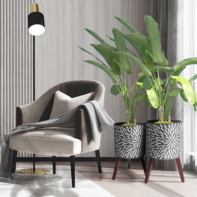 10 & 12 Inches Plant Pot with Stand Set of 2, Large Matte Gray Modern Planters for Indoor Outdoor Plants with Drainage Holes, Big Flower Pots with Wood Legs-Ruum Studio Home