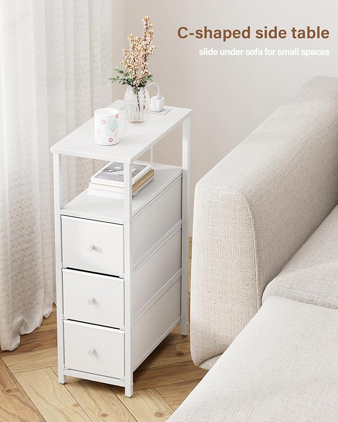 TUTOTAK Narrow Night Stand with Charging Station, Slim End Table with Plugins, Tall Side Table with 3 Fabric Drawer, Small Bedside Table with Storage, Living Room, Bedroom, White TB01BW086-Ruum Studio Home