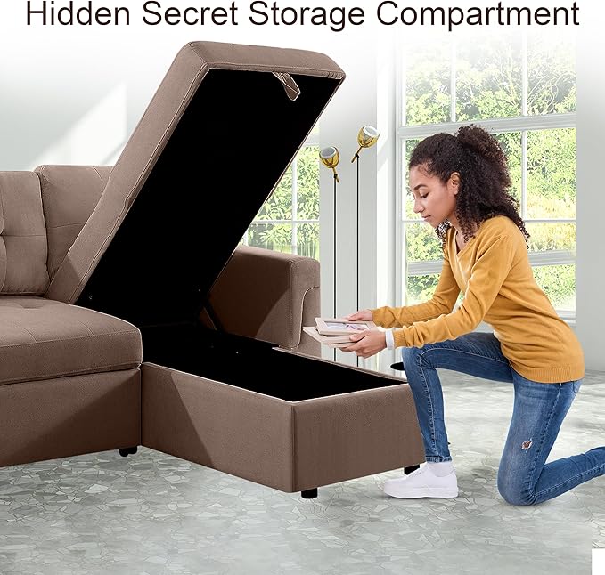 Naomi Home Transform Any Space: Sleeper Sectional Sofa with Convertible Sofa Bed & Inviting Chaise. Find Tranquil Comfort with Stress-Relieving Design & Durable Cushions - Mocha/Velvet-Ruum Studio Home