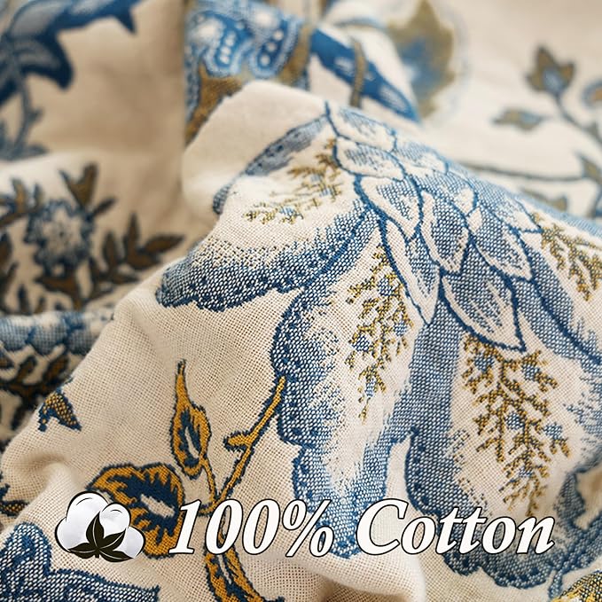 Snycler Boho Throw Blanket for Bed - 100% Cotton Ultra Soft Rustic Quilt - White Blue Floral Printed Farmhouse Decor Bed Blankets, 80"×90" All Season Rustic Throw for Sofa Couch Chair-Ruum Studio Home